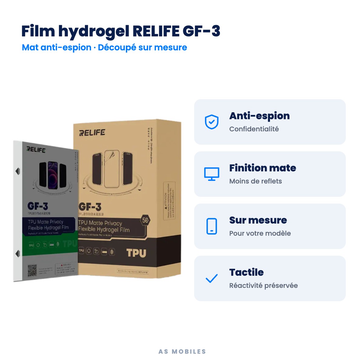 Film hydrogel RELIFE GF-3 : Anti-espion, Finition mate, Sur mesure, Tactile