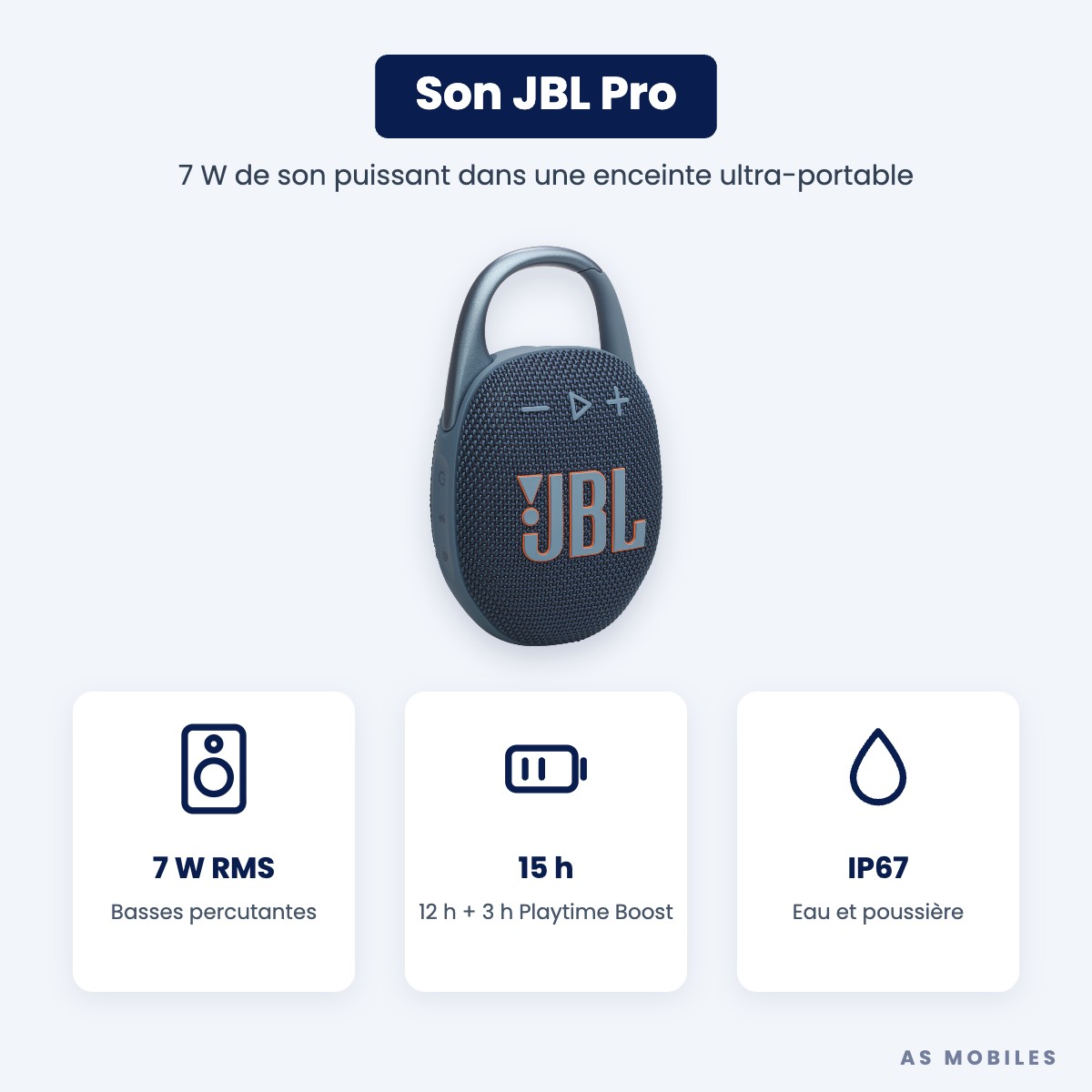 JBL Clip 5 son JBL Pro 7 W, 15 h d'autonomie, IP67