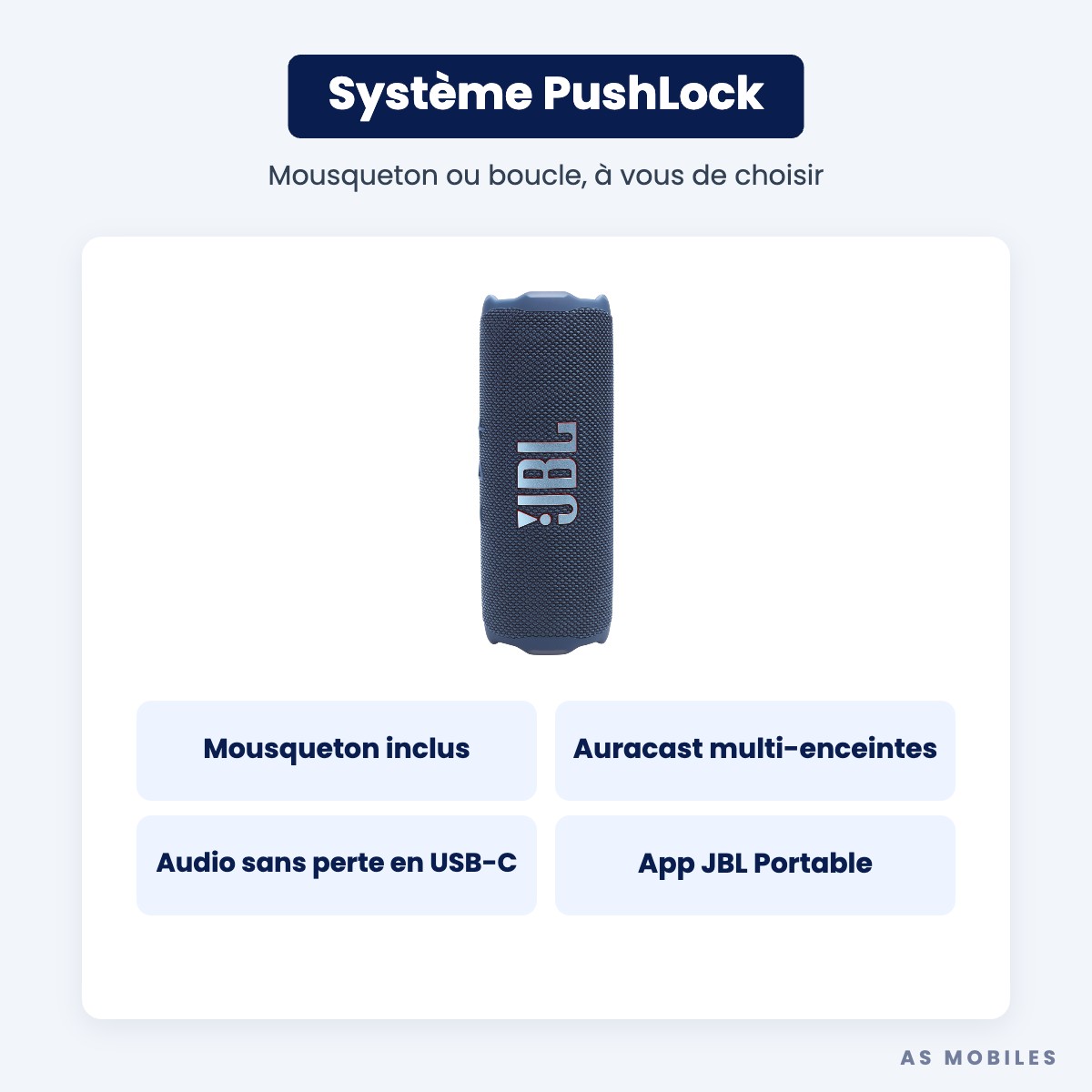 JBL Flip 7 système PushLock et Auracast