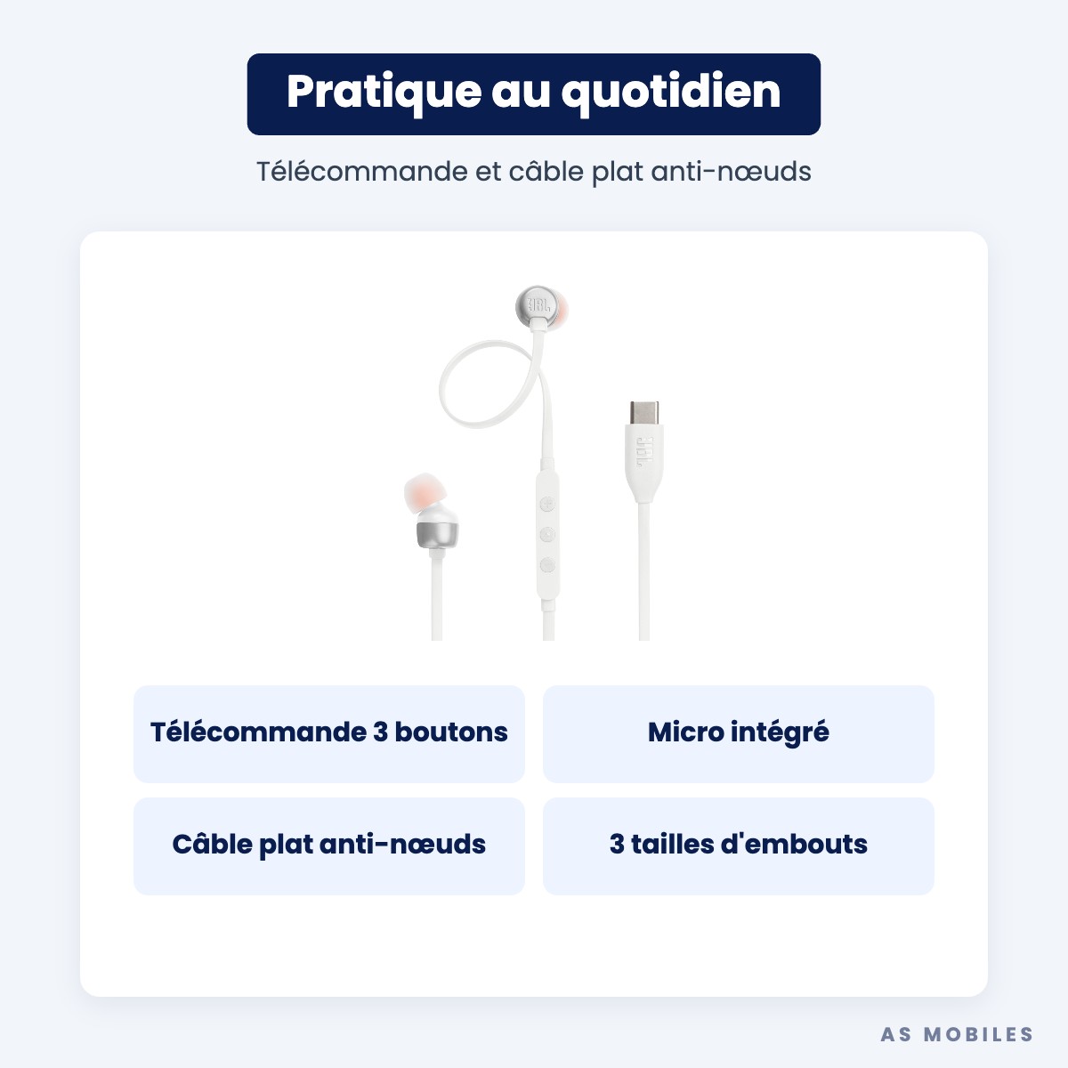 JBL Tune 310C télécommande et câble plat
