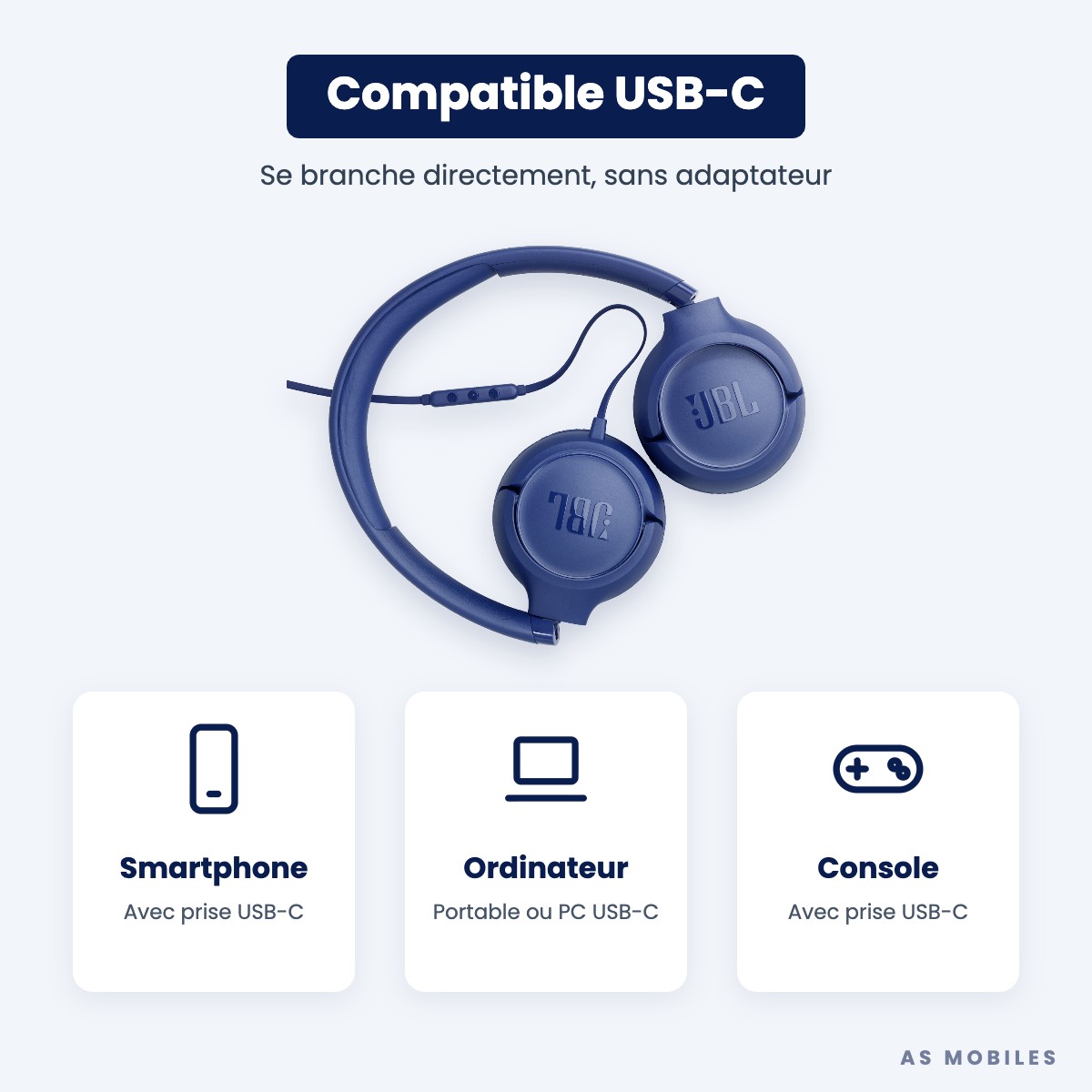 JBL Tune 530C compatible smartphone, tablette, ordinateur et console USB-C