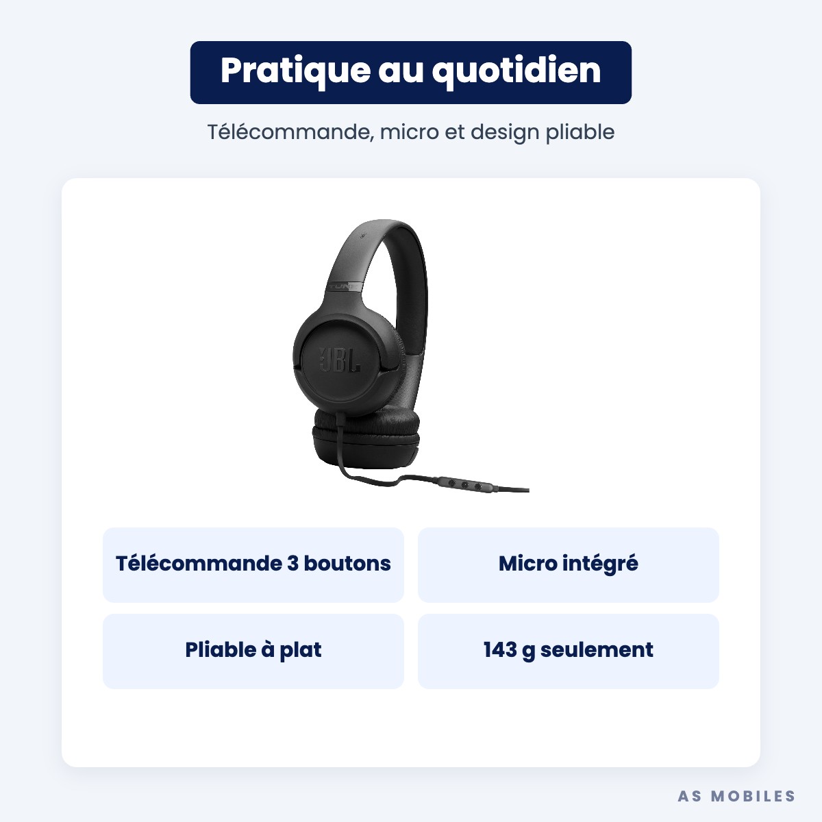 JBL Tune 530C pliable avec télécommande 3 boutons et micro