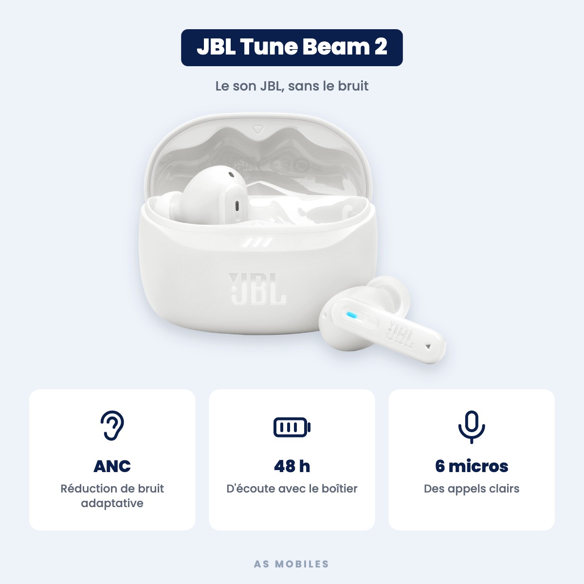 JBL Tune Beam 2 : réduction de bruit adaptative, 48 h d'écoute, IP54