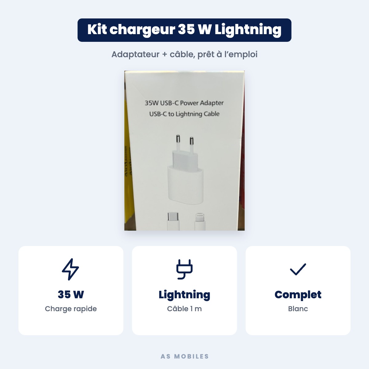 Kit chargeur 35 W USB-C + câble USB-C vers Lightning 1 m – Blanc