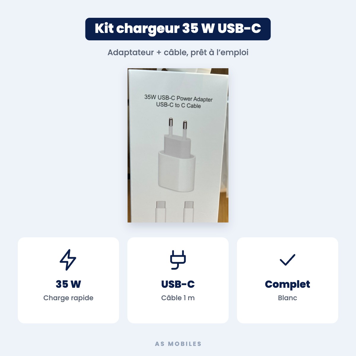 Kit chargeur 35 W USB-C + câble USB-C vers USB-C 1 m – Blanc