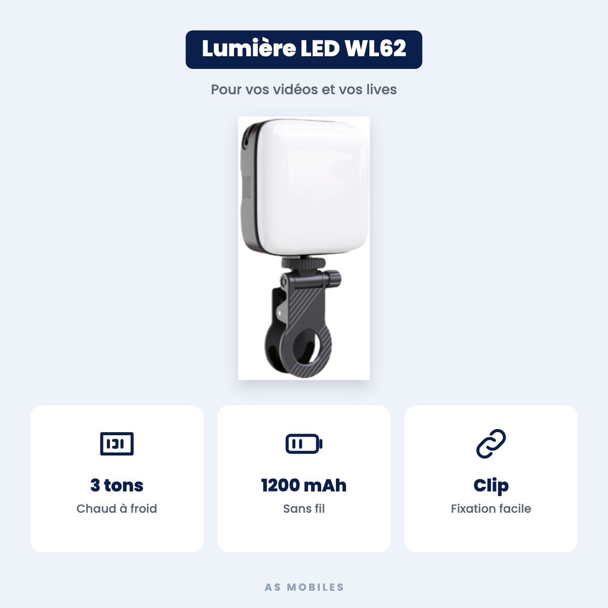 Lumière LED tricolore à clip WL62 – 5 W, batterie 1200 mAh