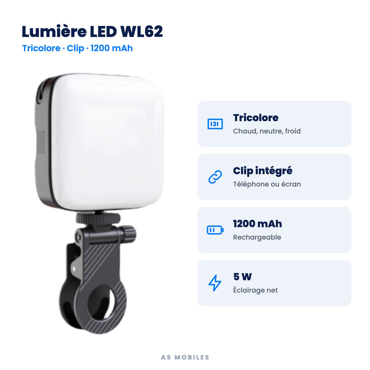 Lumière LED WL62 : Tricolore, Clip intégré, 1200 mAh, 5 W