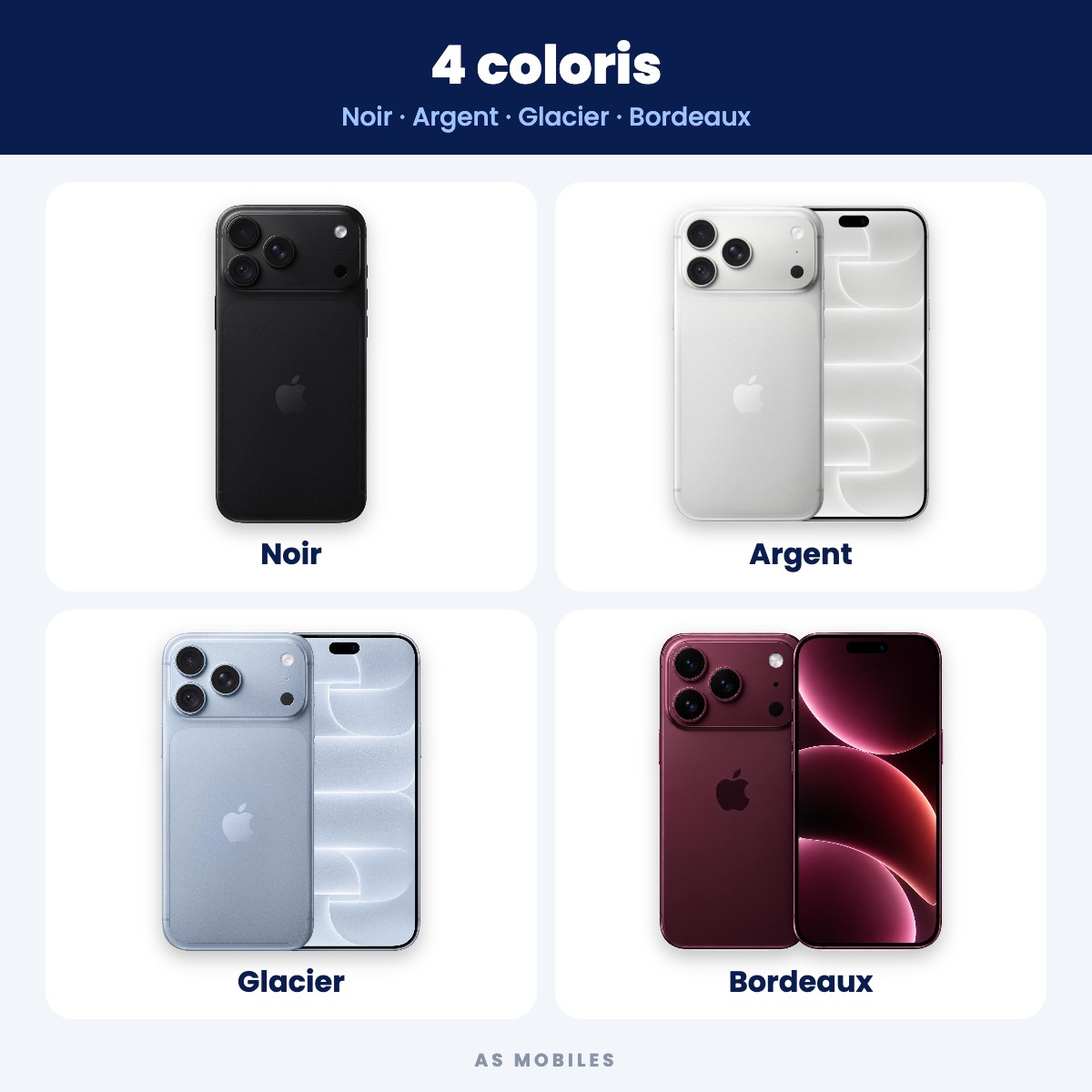 iPhone 18 Pro Max : 4 coloris Noir, Argent, Glacier et Bordeaux