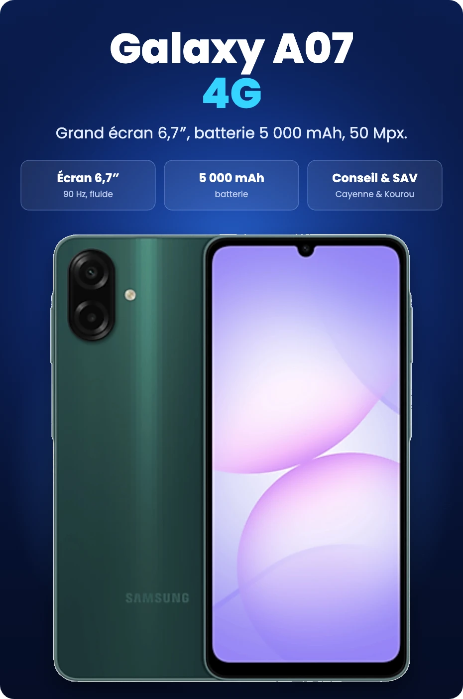 Samsung Galaxy A07 4G neuf chez AS Mobiles : écran 6,7″ 90 Hz, batterie 5 000 mAh, appareil photo 50 Mpx
