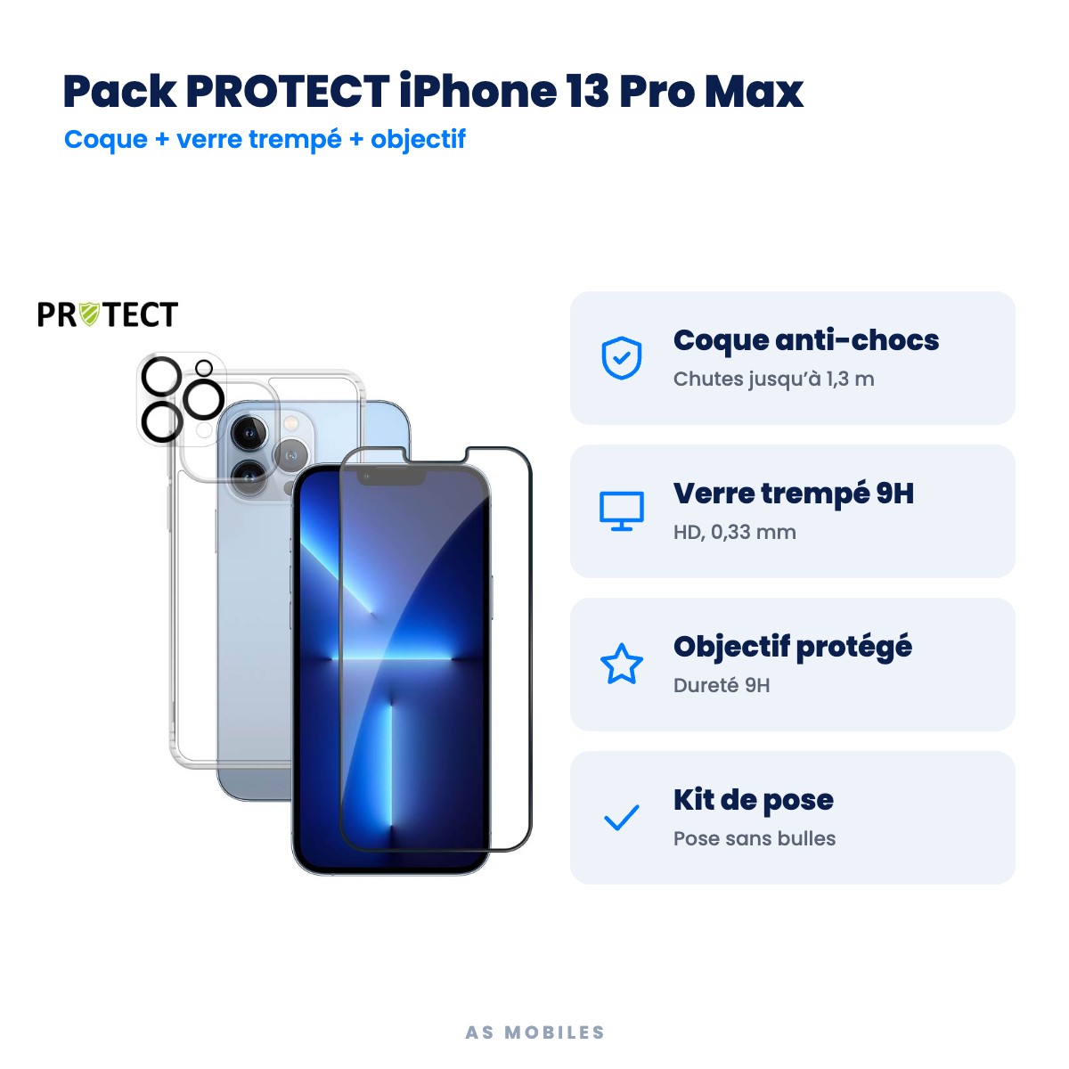 Pack PROTECT iPhone 13 Pro Max : Coque anti-chocs, Verre trempé 9H, Objectif protégé, Kit de pose