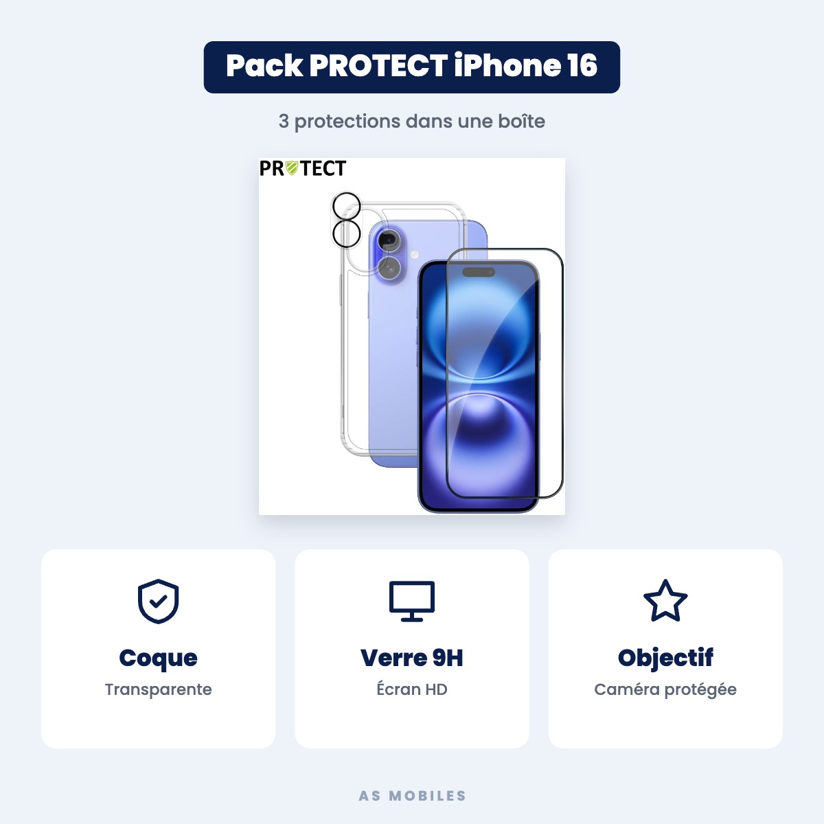 Pack de protection PROTECT iPhone 16 : coque + verre trempé + protection objectif – Transparent