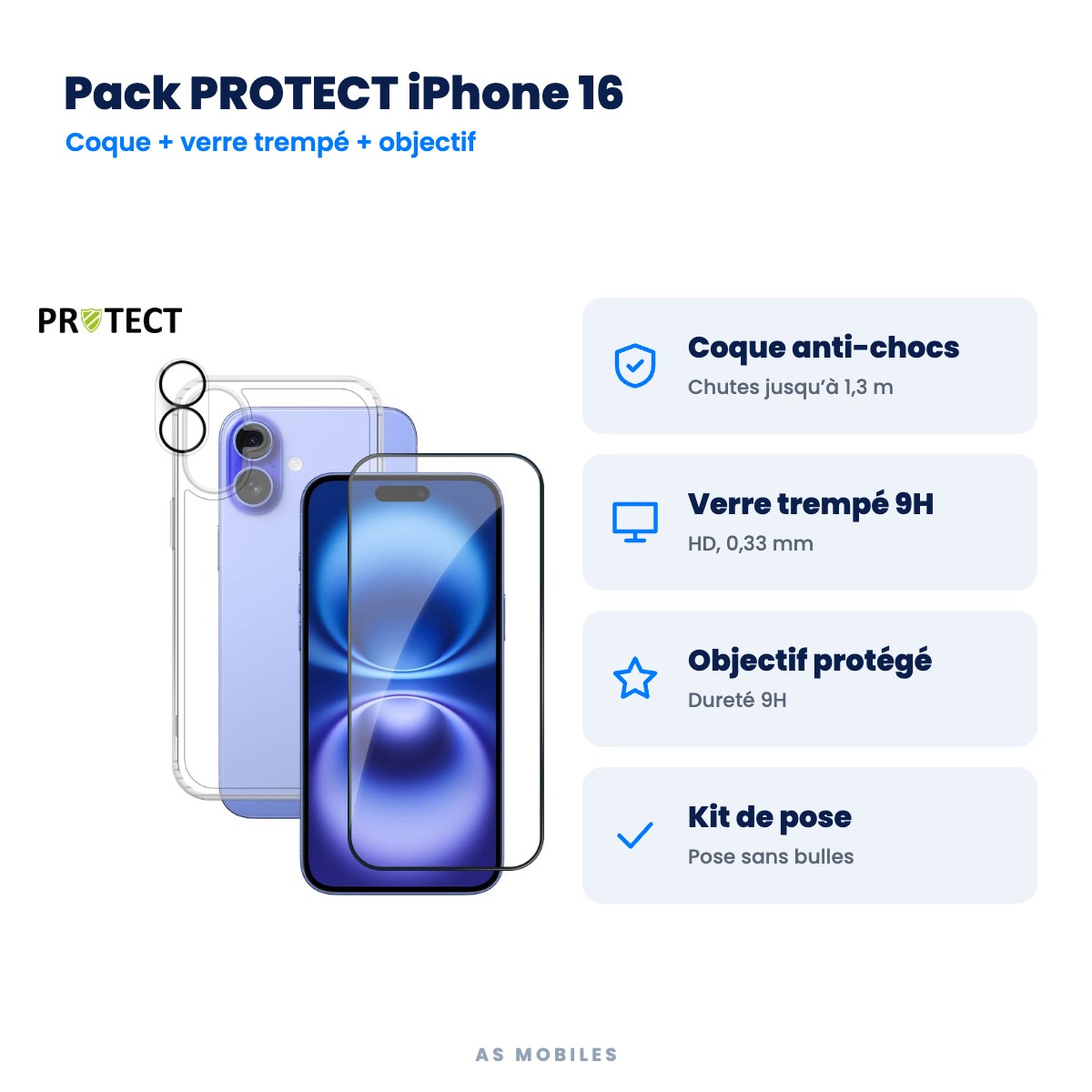 Pack PROTECT iPhone 16 : Coque anti-chocs, Verre trempé 9H, Objectif protégé, Kit de pose