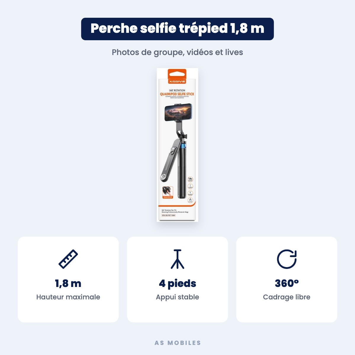 Perche à selfie trépied 4 pieds XSSIVE – 1,8 m