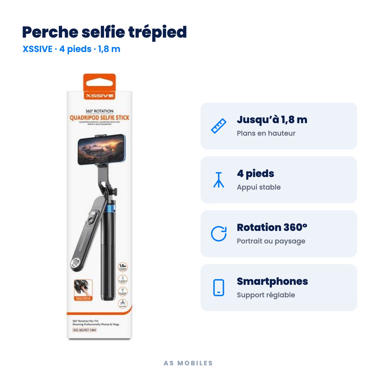 Perche selfie trépied : Jusqu’à 1,8 m, 4 pieds, Rotation 360°, Smartphones