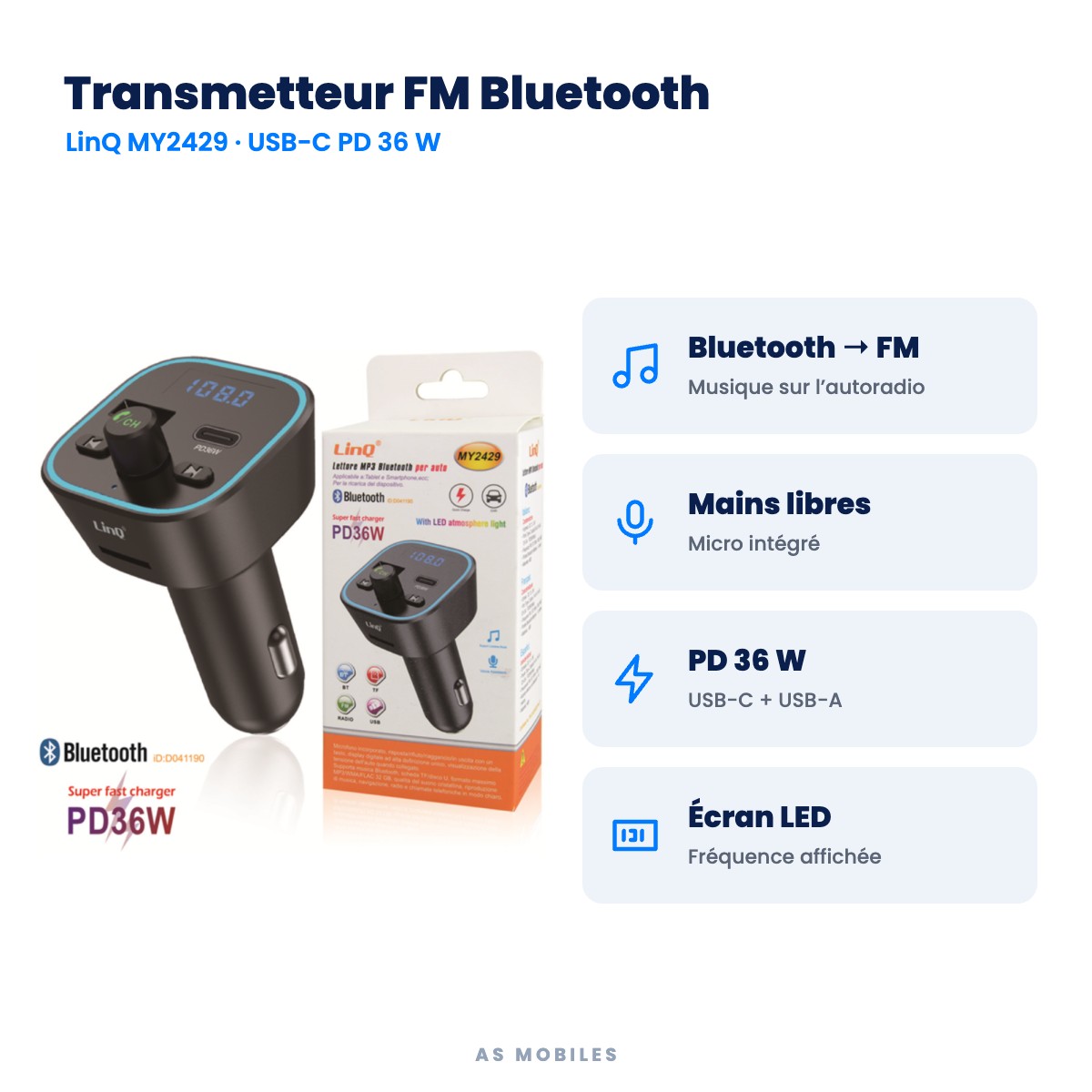 Transmetteur FM Bluetooth : Bluetooth → FM, Mains libres, PD 36 W, Écran LED